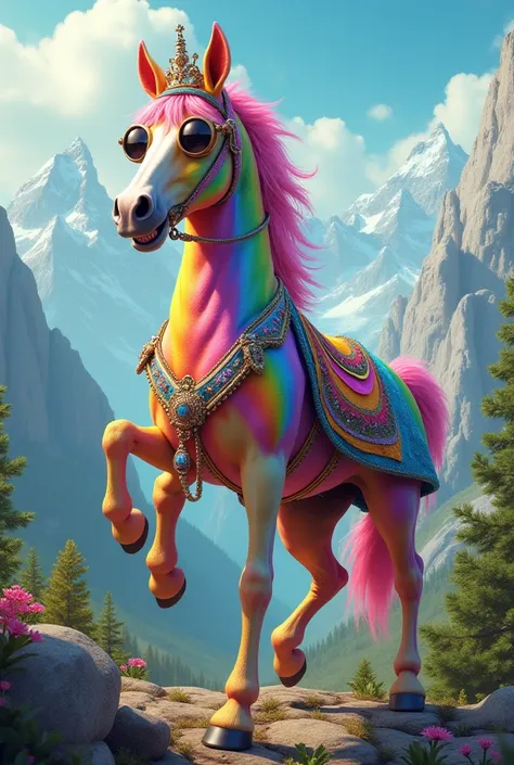 Homosexual mountain horse dressed in rainbows and says Mofockos 