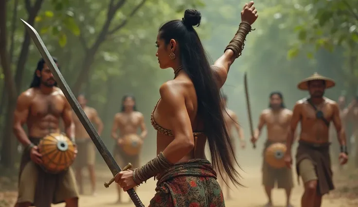 indian actress, ,so beautiful, nice booa female korean warrior, Indonesian Hindu kingdom era, shirtless , long hair in a neat bun, ornaments on her arms and wrists, holding up a sword, batik culottes, sword fighting against a sturdy, shirtless man, carryin...