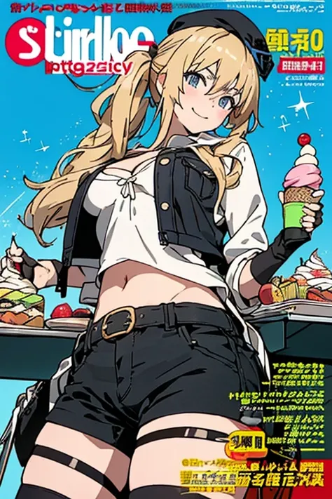 (from below:1.2),(from side:0.9), ((cute Face)), (Close-Up:0.6), ((looking at viewer, holding a icecream)),(Italian sweets magazine cover:1.4), highest quality、(real、photorealistic:1.5),(ultra high resolution,blondes hair,long hair,side ponytail,hair betwe...