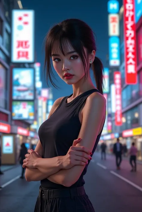 A realistic Japanese woman wants to attract herself and get Tokyo in the background