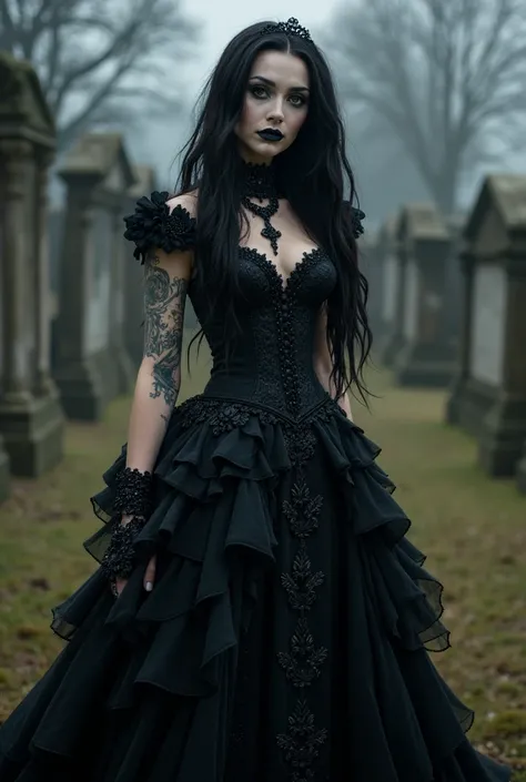 A stunning gothic woman, adorned in black and white makeup, stands proudly in a majestic black wedding dress, her long dark hair flowing around her. She is standing in a cemetery, with tattoos peeking out from beneath the edge of her gown. This mesmerizing...