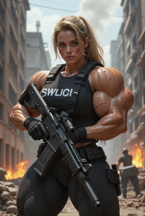 19 years old muscular SWAT girl, battle, fire, blood, horror, city,