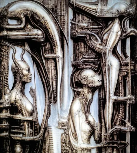 DARK BLACK COLORS, Giger_style, H. R. Giger's g1g3r, , Giger_style, The image is a detailed view of H.R. Giger's \" HRG Aleph \" plate, featuring ( The image depicts intricate, organic-like mechanical structures with a dark, metallic appearance, resembling...