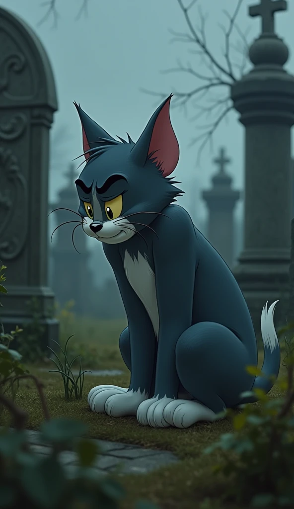 Create me an image of the cat Tom crying with tears on his cheeks in a cemetery 