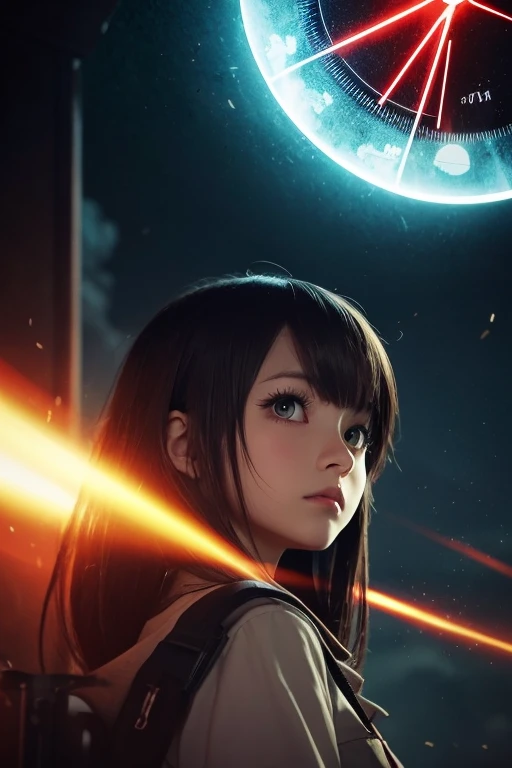 A dramatic doomsday clock showing 11:59:31, with cracked glass and glowing red edges. Next to it, a cute anime-style girl with big eyes and colorful hair looking worried. The background shows silhouettes of disasters like nuclear explosions and rising sea ...