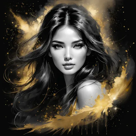 Gorgeous and hot Female face drawing with charcoal, long black hair, Pino Daeni style.
golden patterns, golden and black spirit, liquid gold explosion, golden smoke magic, star dust, golden milky way, black background, magic fog, alcohol ink,