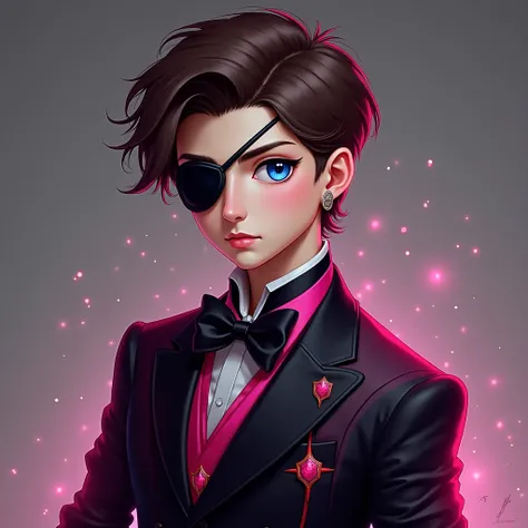 A , A boy, A Count,  elegant clothes (black and pink )  blue eyes,  an eye patch,  brown hair earring
