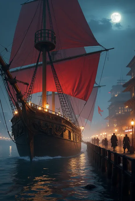 Battle on the deck of a beautiful ship with red sails. The ship is moored at the pier. The time of action is night. 