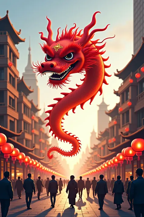 Evening metropolis of China. A large Chinese red dragon Crawls wriggling along the pavement  the avenue. A  body twists bizarrely. Floats in the air above people's heads People in traditional clothes smile affably.