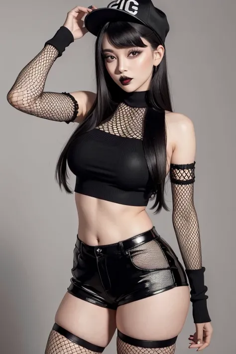 woman, black lips, hat, top, shorts, fishnet tights