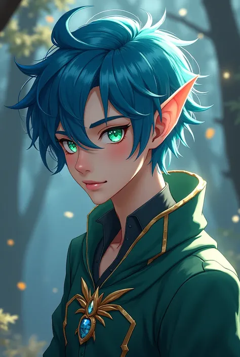 FAE MAN with pointy ears with fire-blue hair that is shoulder length up to his shoulders and eyes with ripped heterochromes the color of the auroras green and the other like bright gold and prince's clothes (anime fantasia)