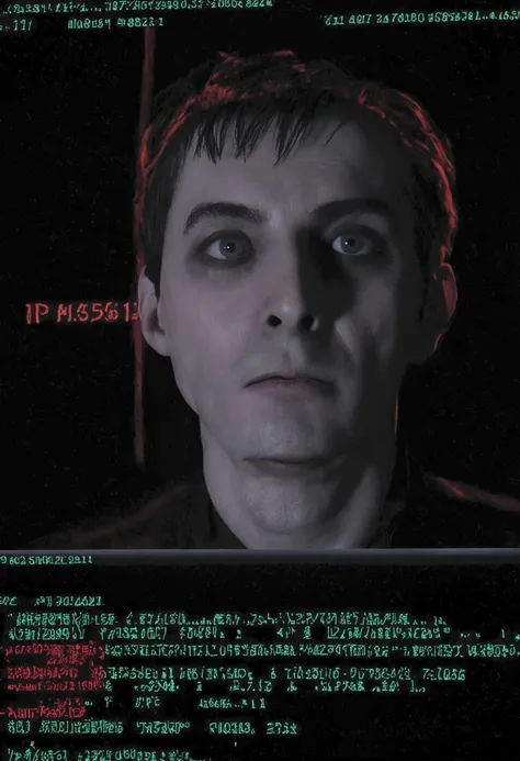 "A glowing computer screen displays a terminal window filled with rapidly scrolling lines of code. At the center of the screen, the text 'IP Address: 192.168.1.1 - Stolen' flashes in ominous red letters. The faint reflection of a terrified person’s face is...