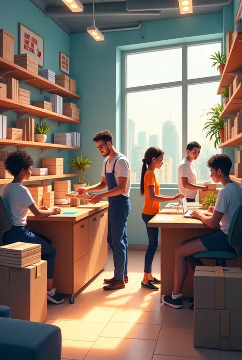 Customers browsing an online store, packages being packed, and a happy team working in a small office.