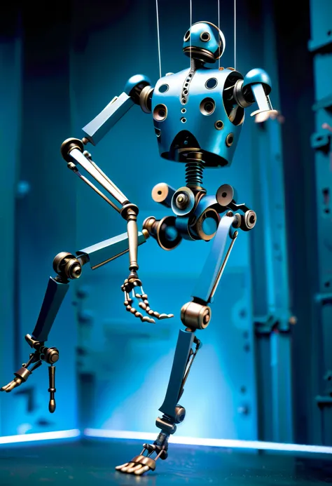 Image: **[Mechanical Puppet]** Descriptive keywords: *A metallic creature with intricate details and moving parts, resembling a marionette.* Photographic style: *Industrial and futuristic, with cold blue lighting highlighting the metallic textures.* Tone: ...