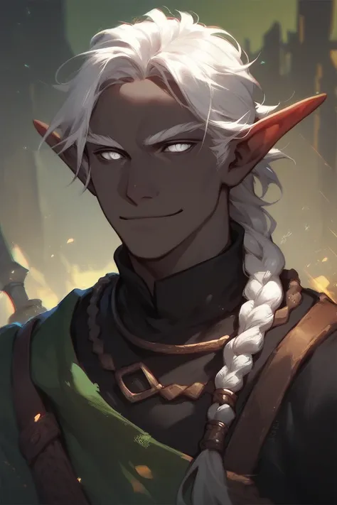 Solo male, Elf, warlock, dark grey skin, no facial hair, long straight white hair pulled back into a braid, bright silver eyes, wearing a stylish black tunic, sinister smiling, very detailed facial features, portrait 