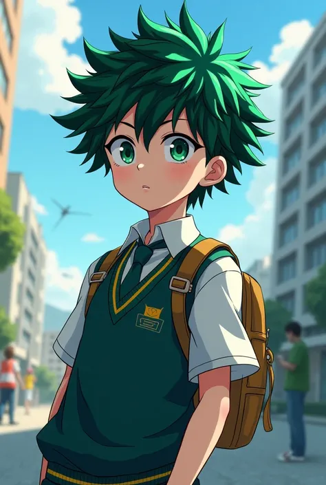 boy,  ager , Green hair with black , with the left side braided, school clothes, In the style of the anime Boku no Hero Academia