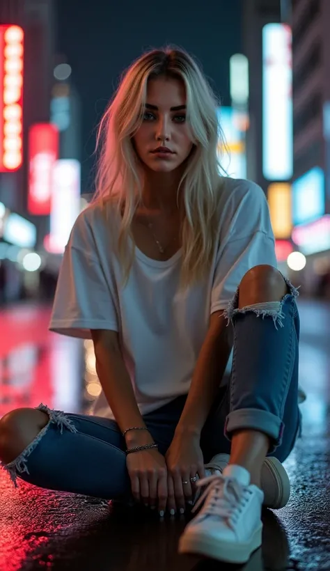 a very beautiful blonde girl, gray-eyed,  sitting sexily on the street in a city with skyscrapers ,  at night, with reflection of red neon lights from the front, dressed in ripped jeans ,  white urban sneakers and a white urban t-shirt attached to the body...