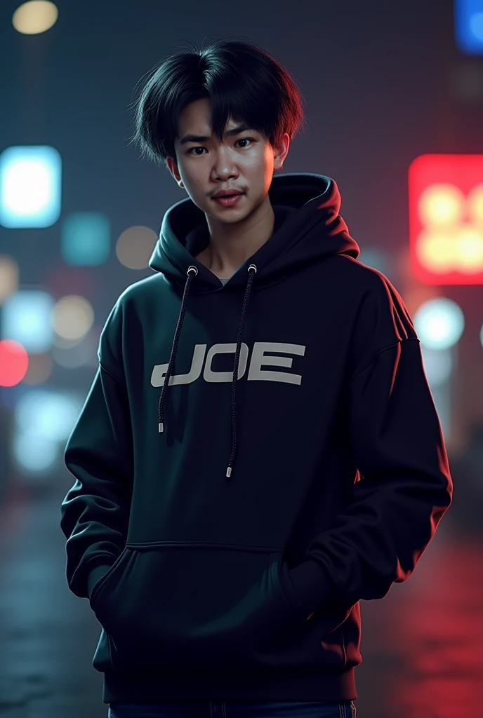 Create a character;
{background HD text: “D’Rabbit”, night}, white skin,
realistic, HDR, handsome, korean style, full body, age 20, hoodie text: “JOE”, glow light, male, dark black hair, dark red eye, use glasses