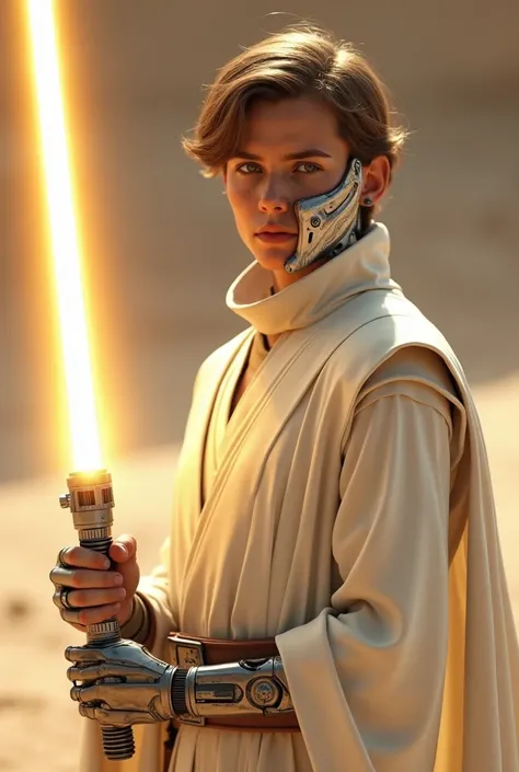 Jedi Lucas age 20 with gold lightsaber and white suit right hand robot and robot mask on right side of face.