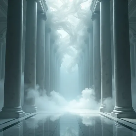 fantasy architecture hall ,  grey columns on a glossy surface in the fog , on top of them, the fabric is a developing veil   