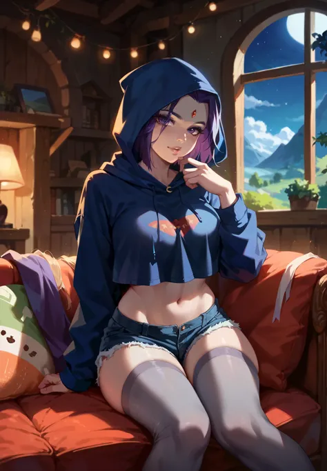 1girl, Raven,  Titans, sitting on a couch, hoodie, silk shorts, thigh highs, sexy pose, lustful, BREAK, night time, mountain cottage, cinematic lighting,