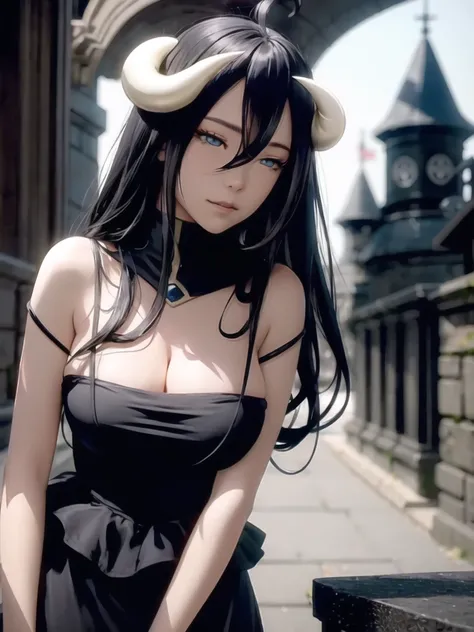 A beautiful demon girl ,  blue eyes,  Long hair,  black hair, long black dress, horned, breasts,  pending,  closed mouth , looking at the camera,  foreground, view to the camera, horned en la cabeza, 

 In a dark and dark castle