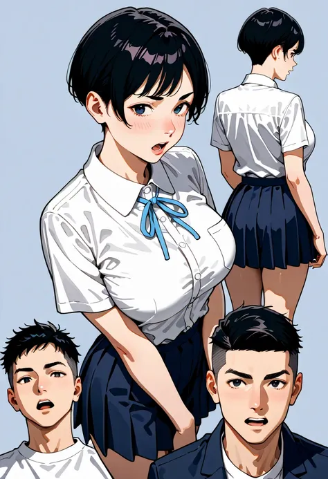 BRAKE ((1boy , open mouth, black short hair)),undercut, White polo shirt, BRAKE 1girl, cute boyish girl, very short hair, defined eyebrows, black hair, Aquiline nose, Techno Cut, big breasts, school uniform, navy skirt, White shirt , light blue ribbon, par...