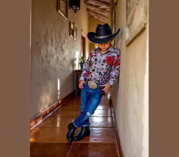 A young boy with a confident yet relaxed stance leans against a rustic, textured wall in a narrow hallway bathed in warm, natural light. He wears a slightly tilted black cowboy hat that casts a shadow over his eyes, giving him a mysterious and contemplativ...