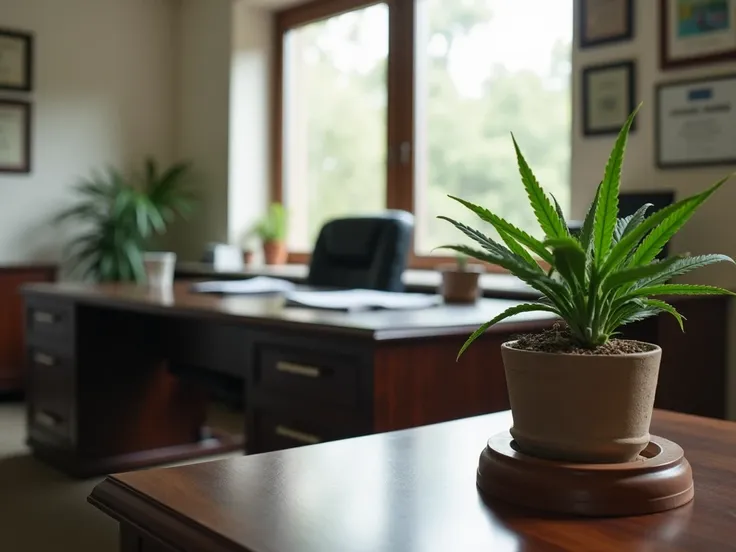 Photo of a legal office or an image that conveys professionalism with a cannabis plant in the background as a reference for practice in the area of cannabis law