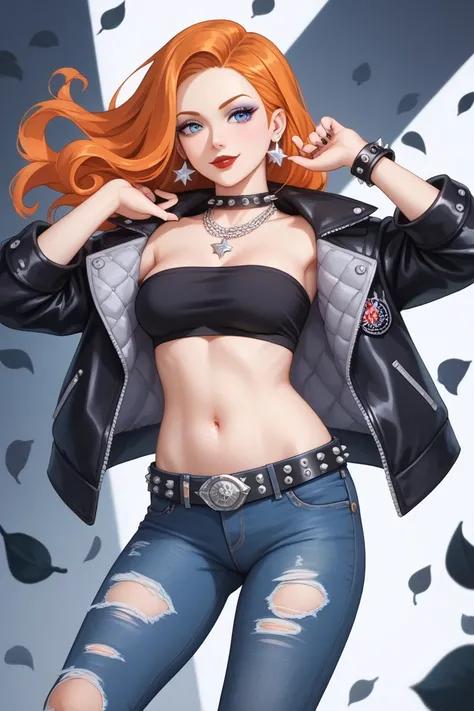 For the **Rock Star** theme, keeping the rule of showing Orihime's navel and toes:  

**Top:** Orihime sports a cropped leather jacket adorned with silver studs and spikes on the shoulders. Beneath it, she wears a black, glittery bandeau that leaves her na...