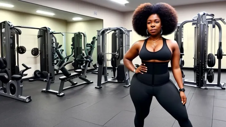 a big fat black dark skinned 25 year old Ghanaian woman with afro twist hair,almond shaped eyes wearing a tight waist trainer at the gym centre 