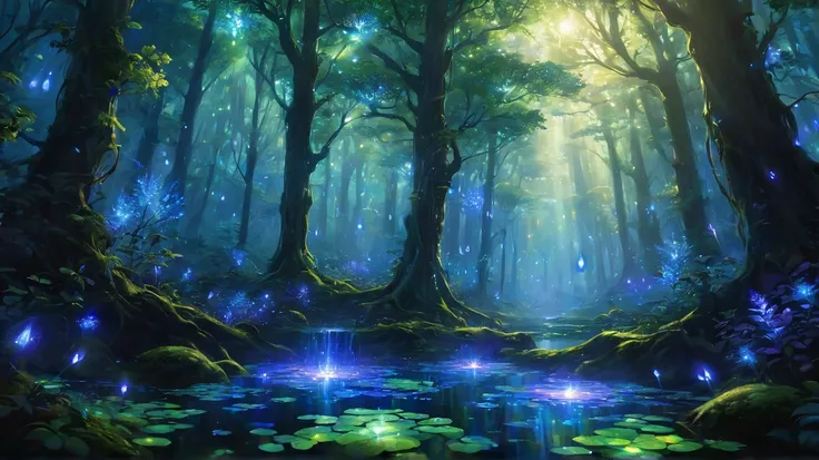 An enchanting and mystical forest with dense trees and vibrant greenery, illuminated by soft purple and blue light. Gentle raindrops fall through the scene, creating a calming and magical ambiance. The forest floor is covered with glowing moss, and the air...