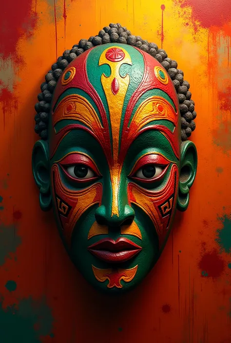 African mask with red yellow and green colors as a background