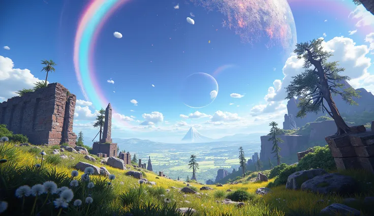 ((Astonishingly absurd )),( masterpiece:1.2),超high resolution, attention to detail , high quality, alta resolución, 最 high quality, 4k, 8K、 very beautiful、landscape、landscape画、Infinite blue sky、A rainbow appears、There is a group of ruins、 Dandelion fluf...