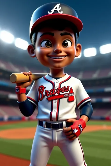  3D collectible figure of Ronald Acuña Jr .  in his debut with the Atlanta Braves , wearing the official uniform with the team logo.  determined expression ,  with a bat in his hand and ready to make history .  Background with an illuminated stadium and fa...