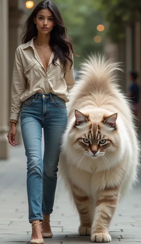 1Detail of a realistic photo of an elegant Indian woman, wearing jeans and high shoes, the woman looks very fashionable and beautiful, she is walking side by side with a giant white cat with thick brown fur, they are walking directly towards the camera, wi...