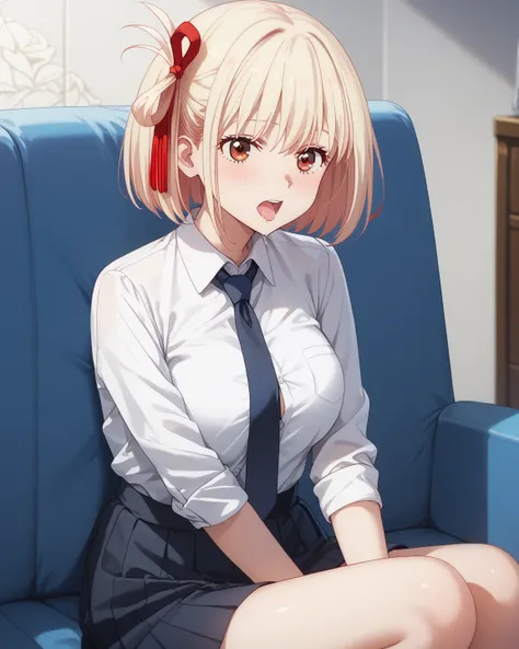 chisato nishikigi, short hair, bangs, blonde hair, red eyes, hair ribbon, one side up, bob cut, large breasts, sunglasses, white shirt, button gap, bursty breast, tie, skirt, stocking, sitting, open mouth, saliva, blush, emptyeyes, from front, indoor, deta...