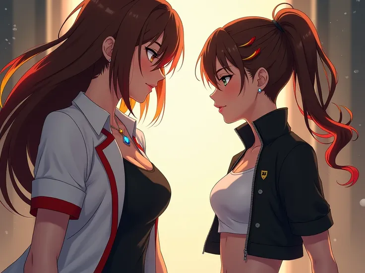 anime mother with brown hair long white coat with short sleeves red trim black tank top red trim underneath long brown hair with red and yellow highlights on the left of her hair fighting tomboy daughter brown ponytail hair right eye covered by red orange ...