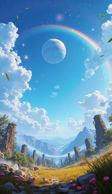((Astonishingly absurd )),( masterpiece:1.2),超high resolution, attention to detail , high quality, alta resolución, 最 high quality, 4k, 8K、 very beautiful、landscape、landscape画、Infinite blue sky、A rainbow appears、There is a group of ruins、 Dandelion fluf...