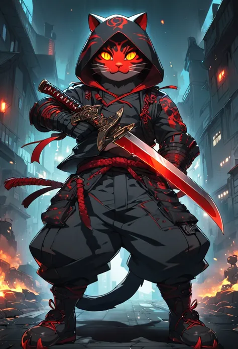 A cartoon cat completely black with glowing red eyes, wearing a hood and holding a sword, anthropomorphic cat ninja, samurai cat, ninja cat, cat the assassin, goth ninja, anime cat, cat warrior, urban samurai, inspired by Kanō Hōgai, black bear samurai vib...