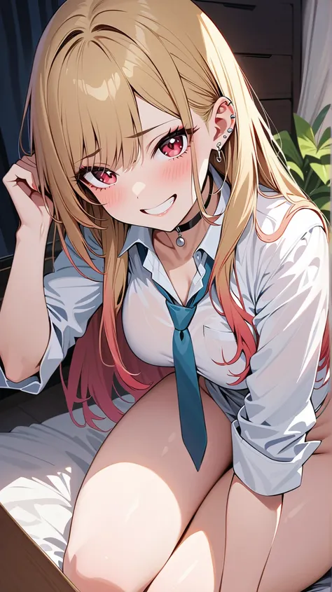 (masterpiece, Highest quality, inery aesthetic, Super detailed), Intricate details, One girl, Kitagawa Marine, sono bisque doll wa koi wo suru, Blonde, Red eyes, ear piercing, Barbell Piercing, Black choker, Collared shirt, White shirt, Earrings, Blue tie,...