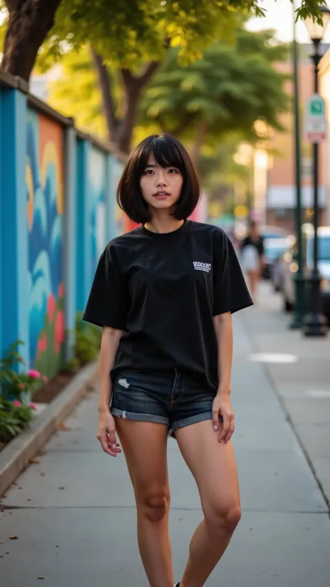 A woman, approximately in her late twenties, stands confidently on a sidewalk. She has short dark hair with bangs, she poses in a relaxed manner. Her outfit consists of an oversized black t-shirt with dark denim shorts that reveal her legs.
The setting fea...