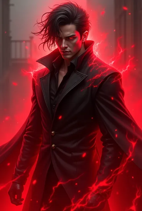 He is surrounded by a red aura, has red eyes, black hair, and is dressed in black