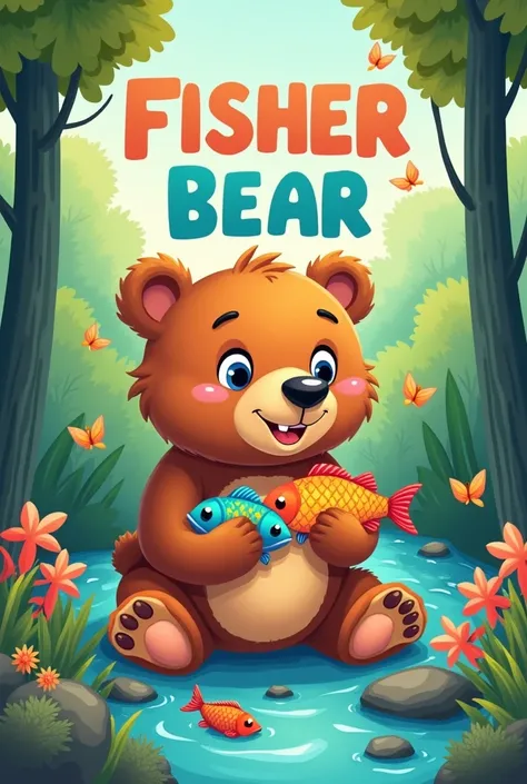 I need a cover for a book about a bear that loves fish.  The bear should be cute and friendly ,  with a colorful fish on its paws or swimming around it .  The setting should be a forest with a river or lake ,  With vibrant and cheerful colors . The title o...