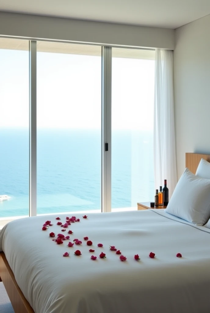 Minimalist hotel room with ocean views and a small rose petal decor over the bed and a wine kit