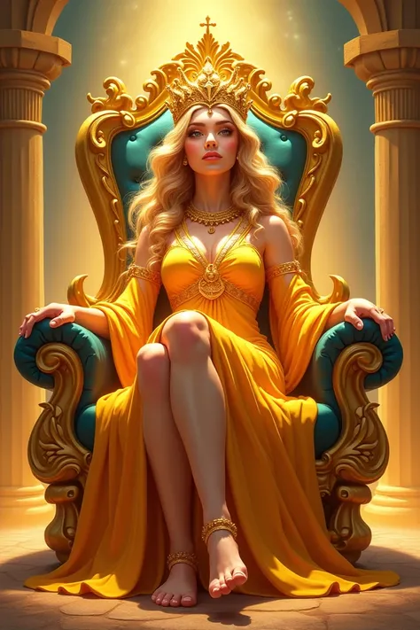 Beer goddess seated on golden throne,  cartoon