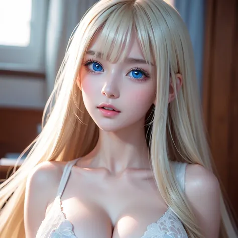 Unparalleled beauty,  white, glossy, and shiny skin, 目と目の間のbangs,  shiny straight beautiful platinum blonde, Super long straight silky platinum blonde hair,  eyeliner,  sexyで美しい無邪気な16歳, beautiful extremely bright light blue baby blue eyes in high definitio...