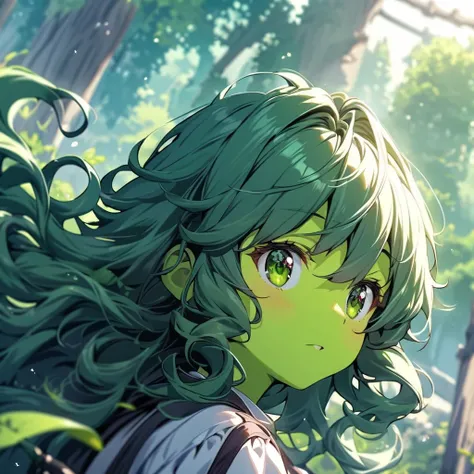 girl, ager, beautiful, high detail, curly hair, long hair, green hair, green eyes, ((green skin))