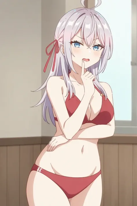 A sexy anime depiction Alisa Mikhailovna Kujou, wearing a red bikini