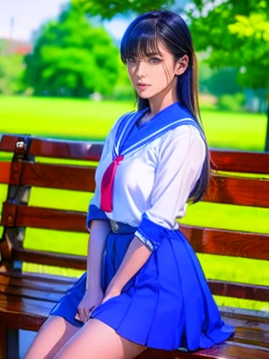      an asian blue-skinned woman in uniform posing on a bench,       Japanese high school uniform  ,     Japanese School Uniform,     Japanese School Uniformを着ている,        the principal is wearing a uniform        , overtake　Comics about high school girls  ...